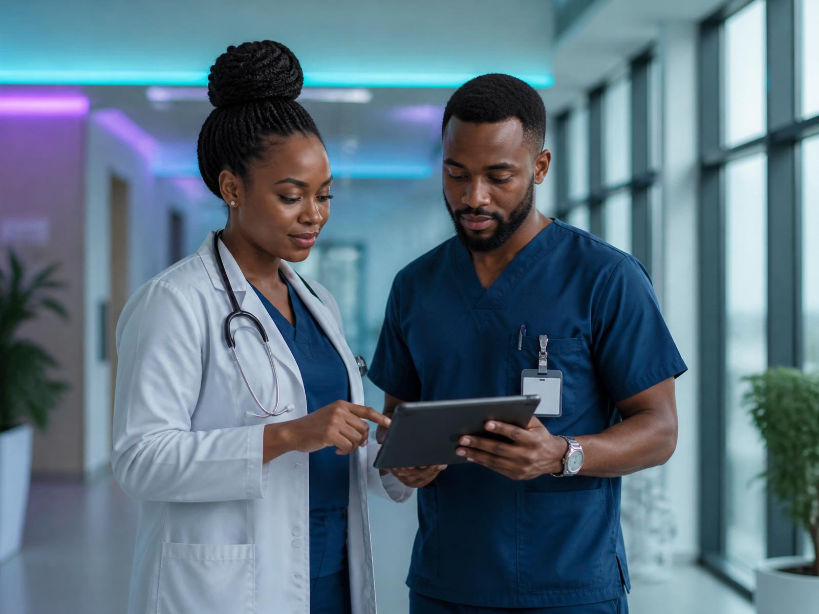 African healthcare professionals reviewing patient workflow on a tablet