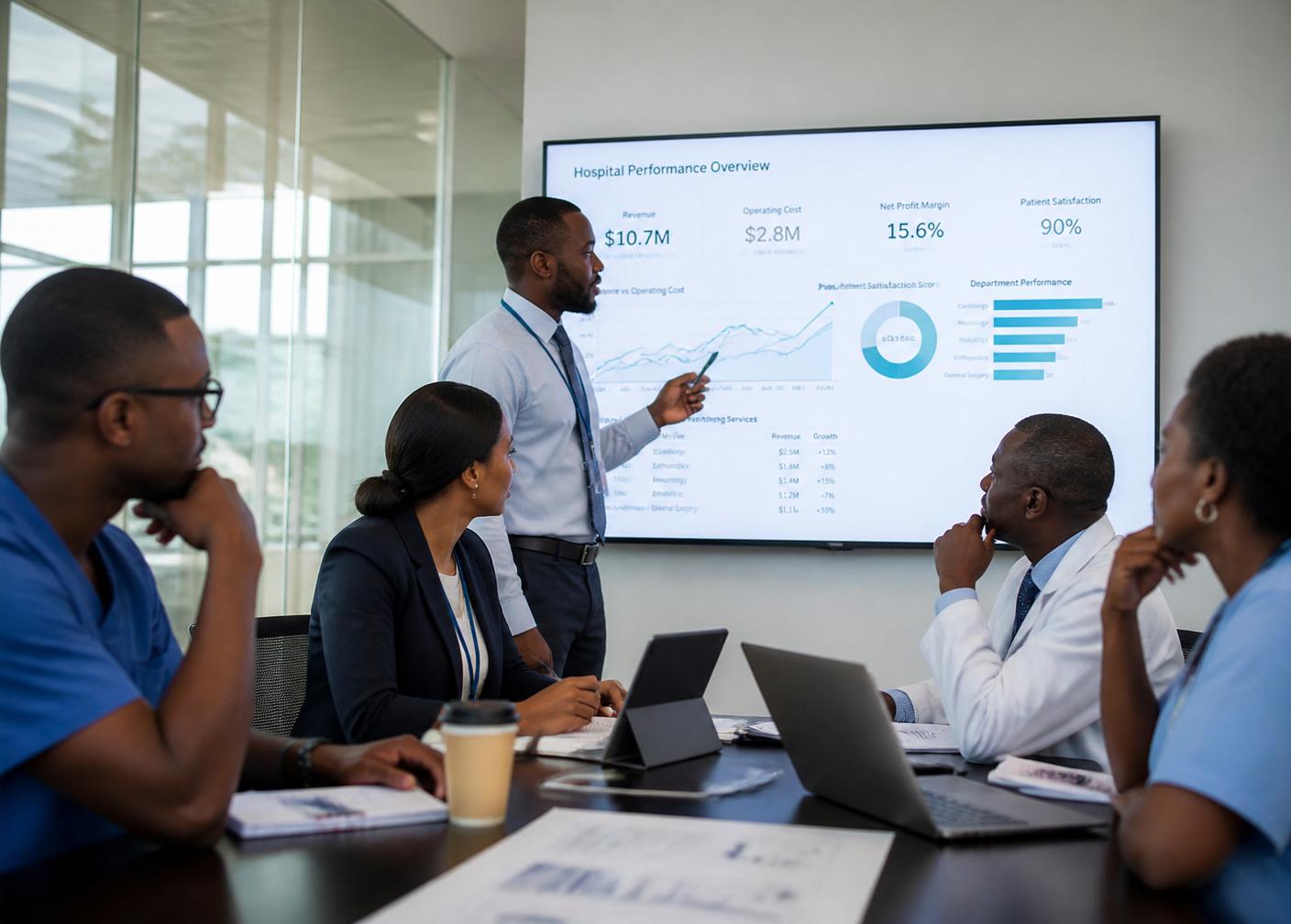 Hospital administrators reviewing operational analytics